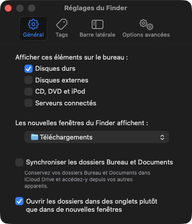 Paramètres Finder macOS affichés
