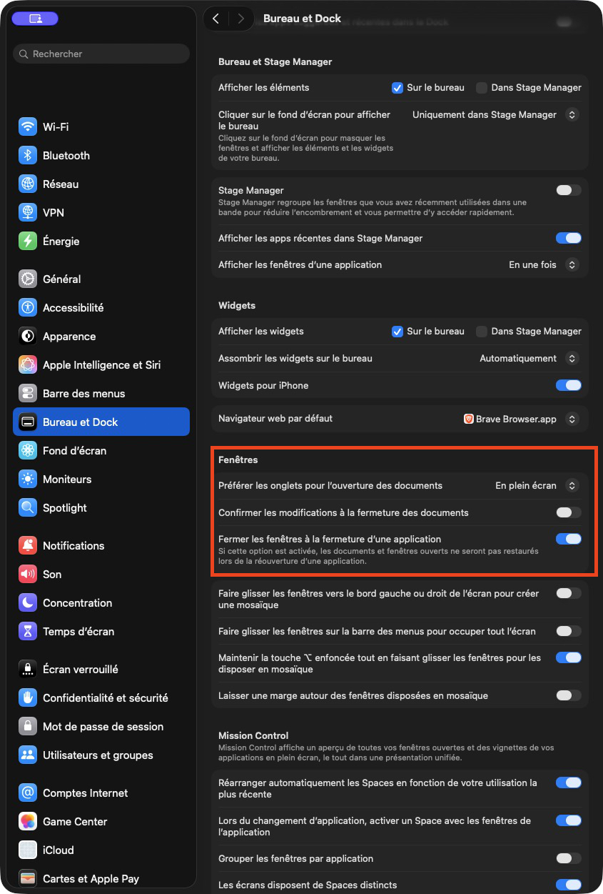 Paramètres macOS pour bureau et fenêtres.