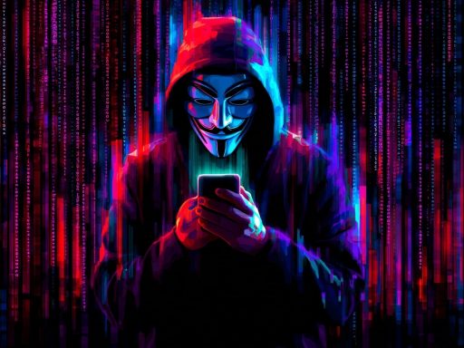 Personnage masqué utilisant un smartphone, fond numérique.