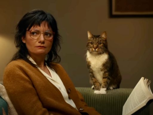 Femme avec chat et livre sur le canapé.