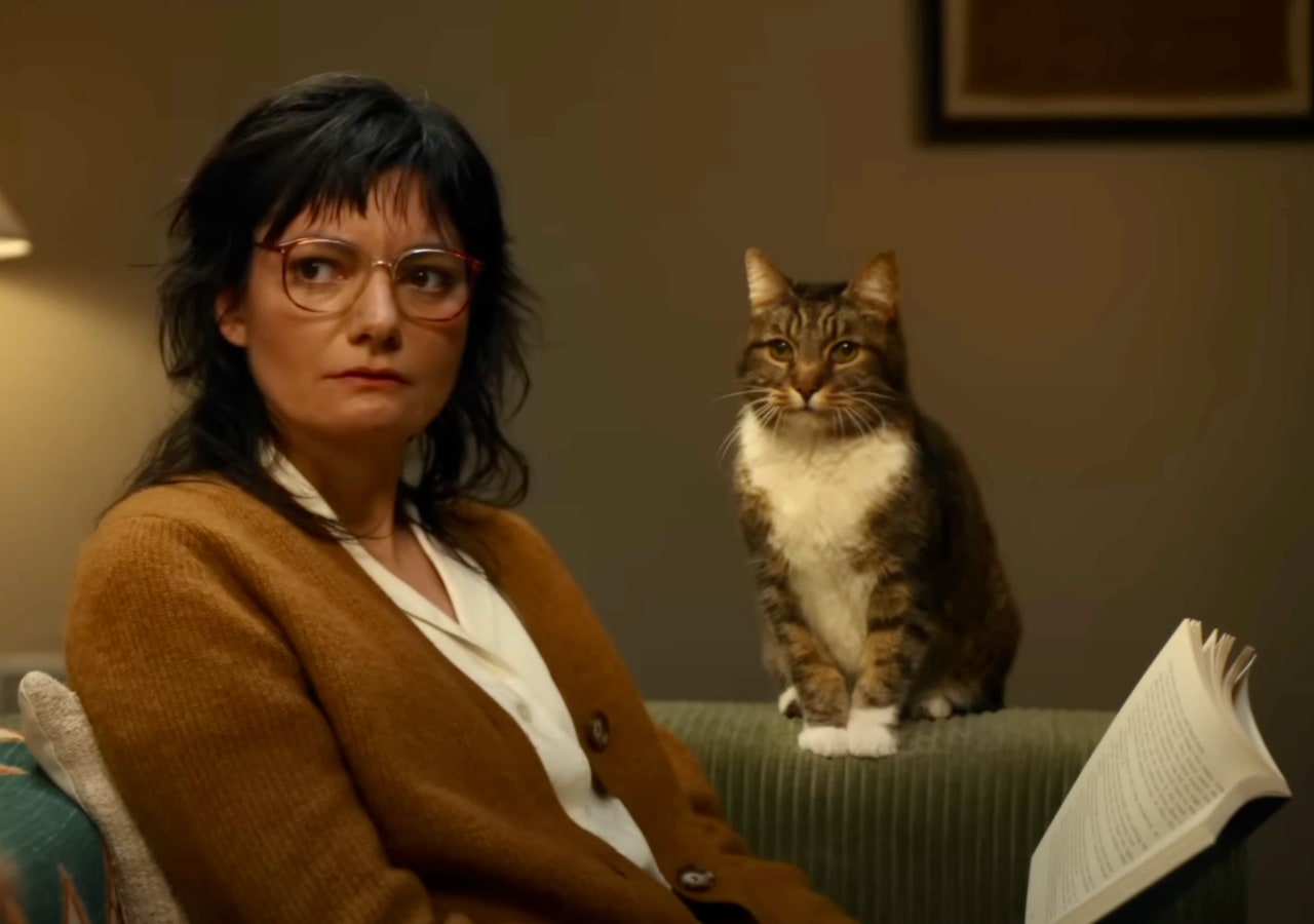 Femme avec chat et livre sur le canapé.