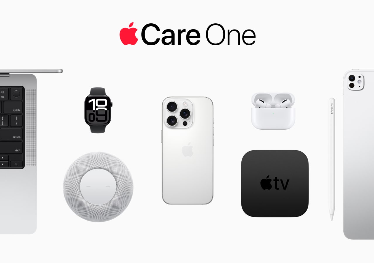 Produits Apple avec logo Apple Care One.
