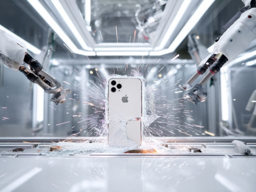 Robot testant smartphone avec éclats de verre.