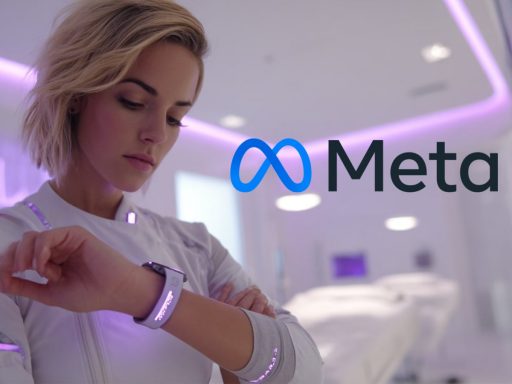 Femme avec montre connectée dans bureau Meta futuriste.