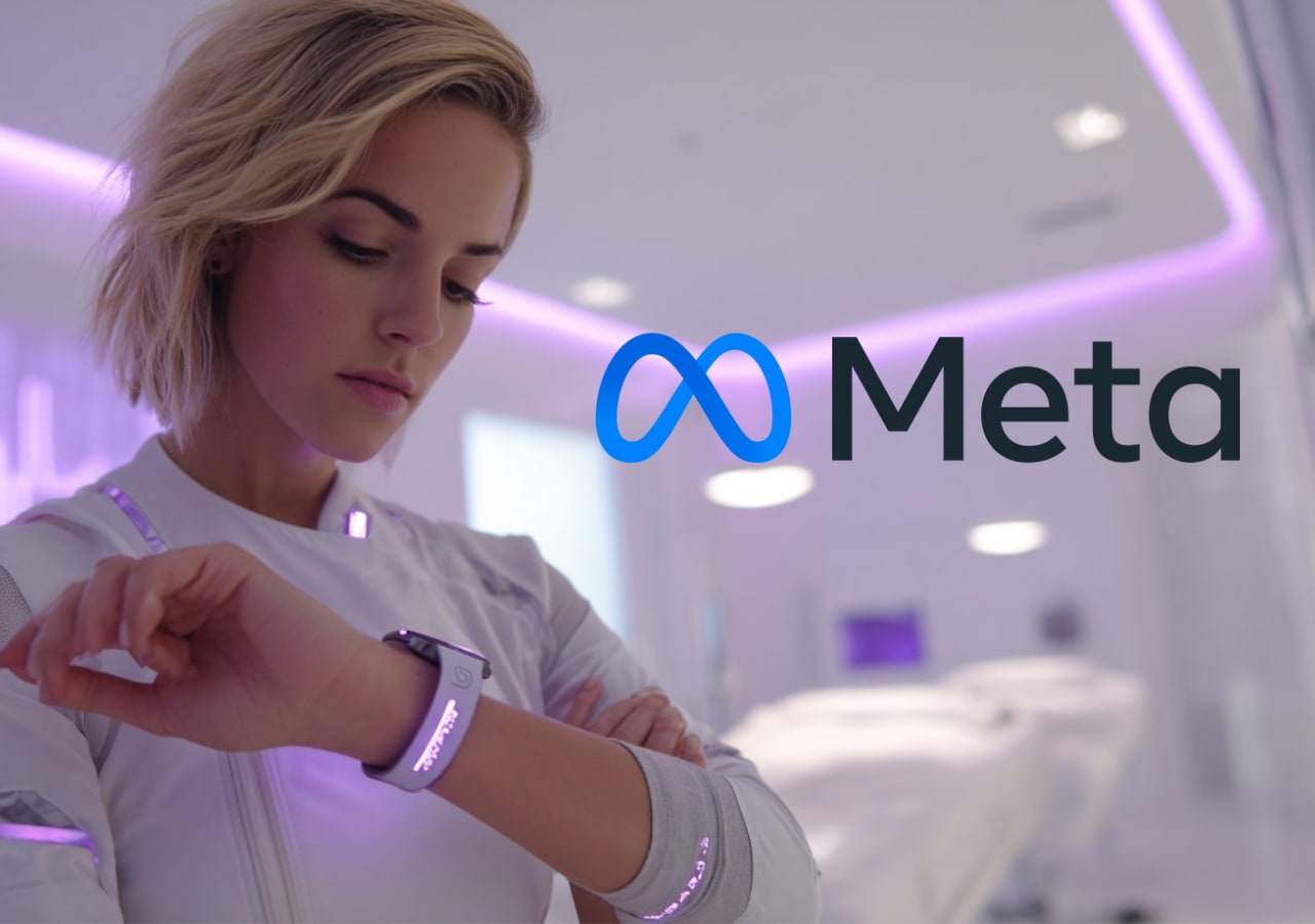 Femme avec montre connectée dans bureau Meta futuriste.