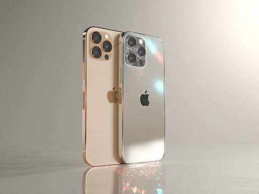 Deux smartphones dorés avec logo au dos.