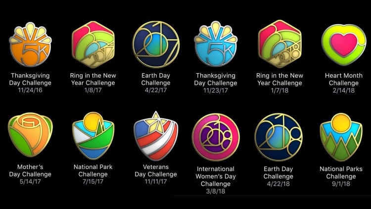 Médailles de défis sportifs à différentes dates annuelles.