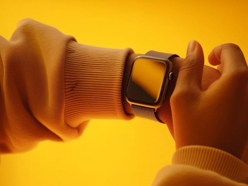 Montre intelligente au poignet, fond jaune vif.