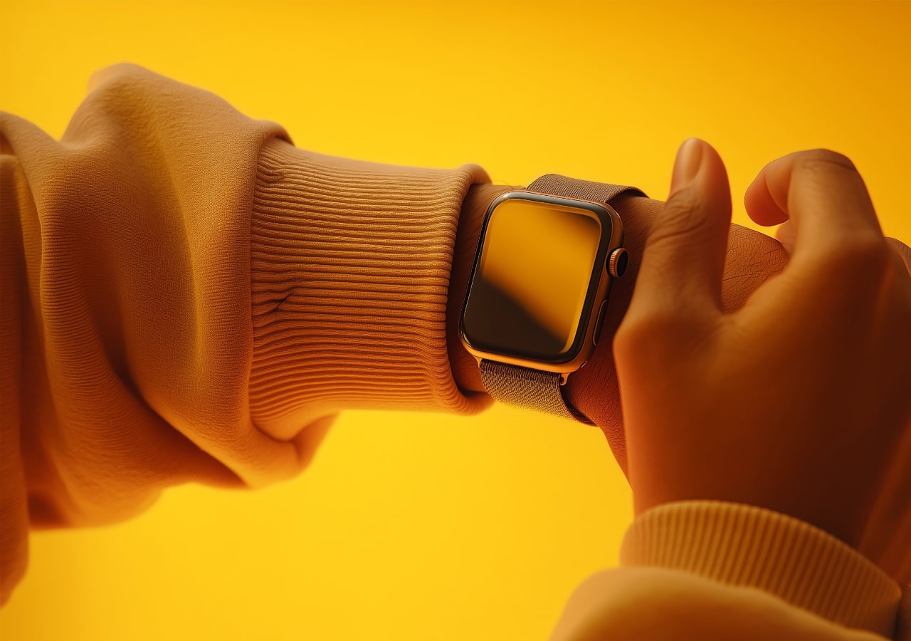 Montre intelligente au poignet, fond jaune vif.