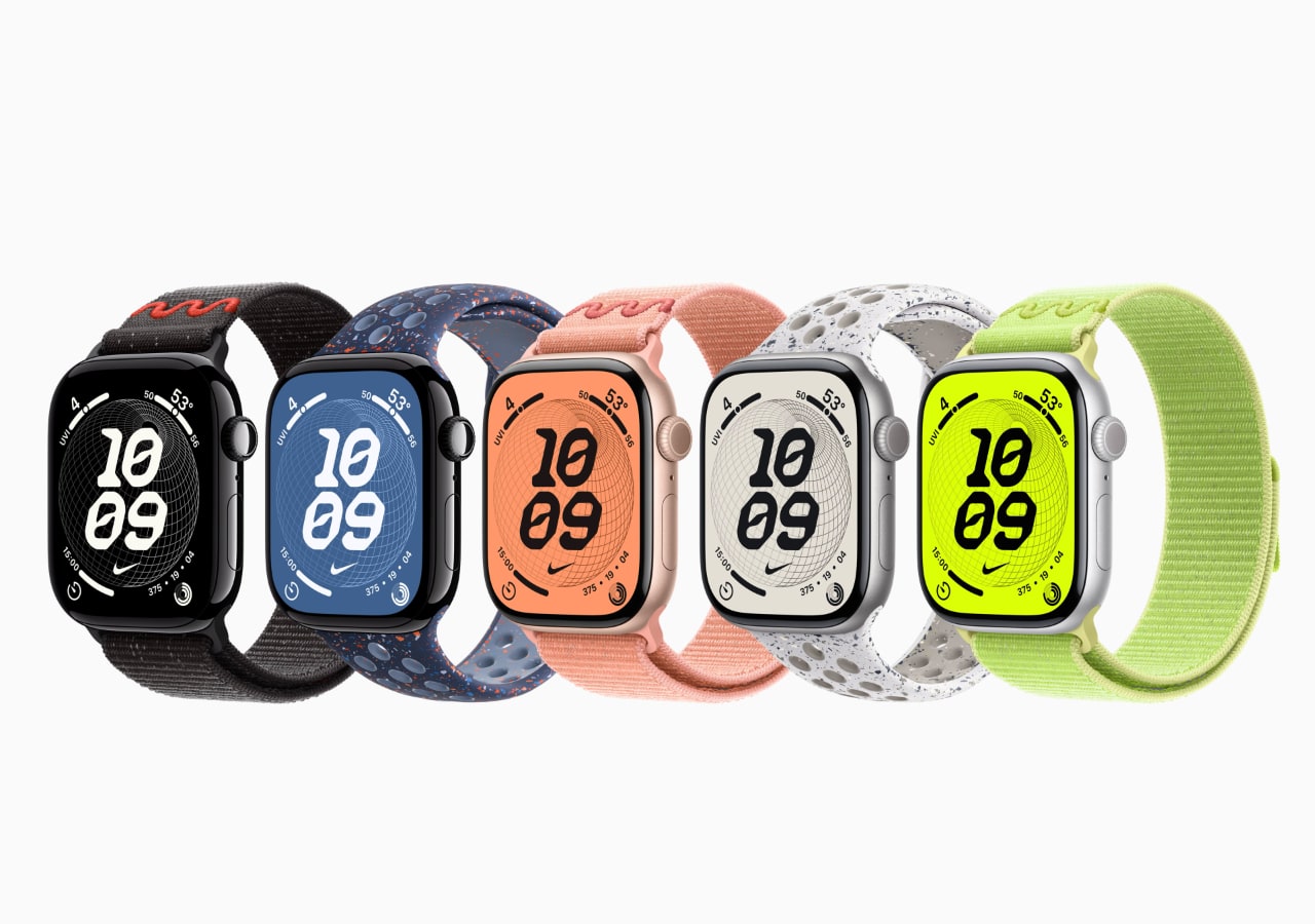 Cinq montres connectées colorées alignées. apple watch series 11