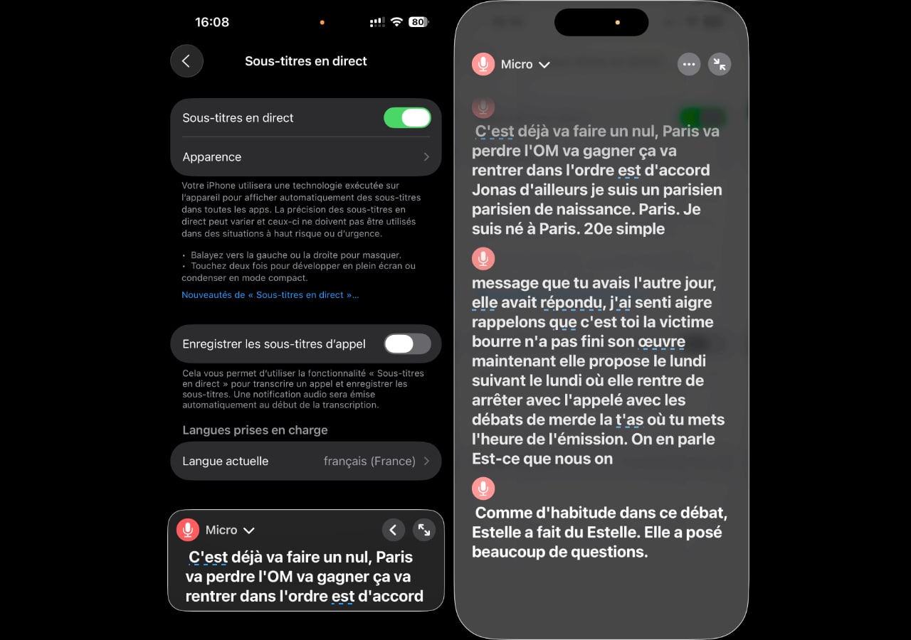 ios 26 activer sous titres direct