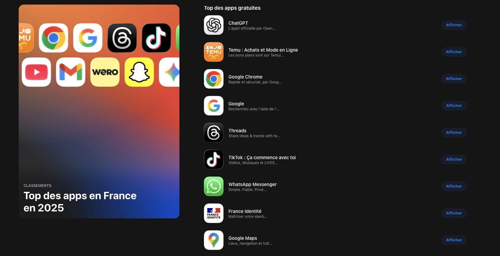 Applications les plus populaires en France 2025.