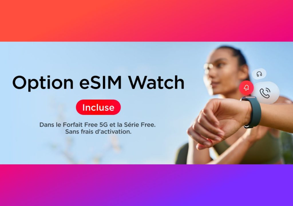 Femme avec montre connectée, offre eSIM incluse.