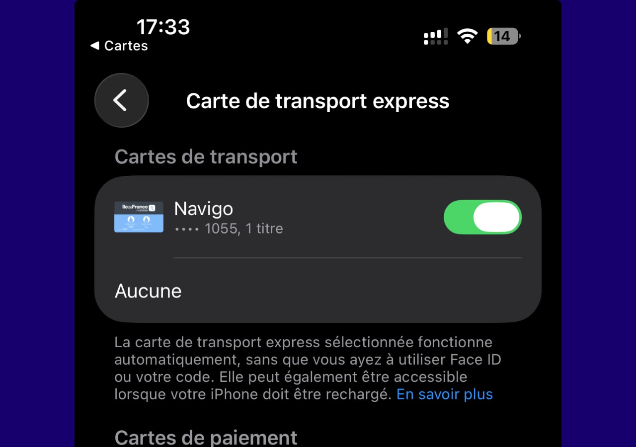 Carte transport Navigo activée sur smartphone.