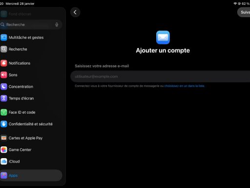 Écran d'ajout de compte email iPad.