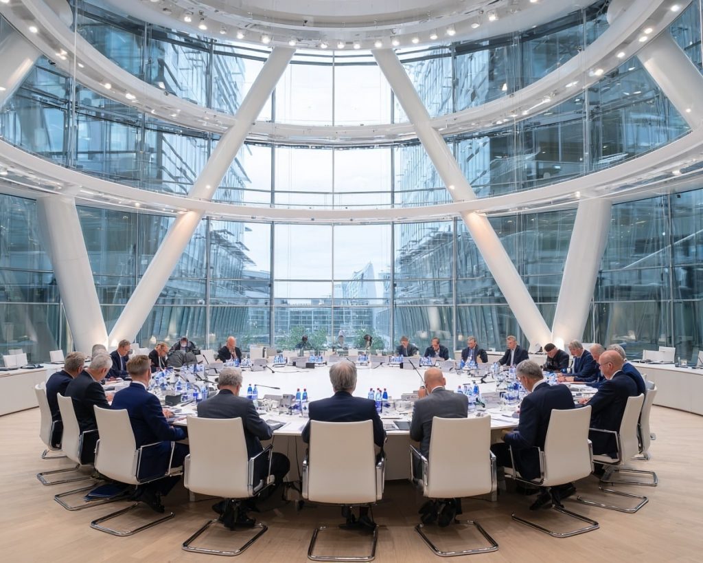 Réunion d'affaires dans une salle moderne.