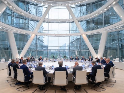 Réunion d'affaires dans une salle moderne.