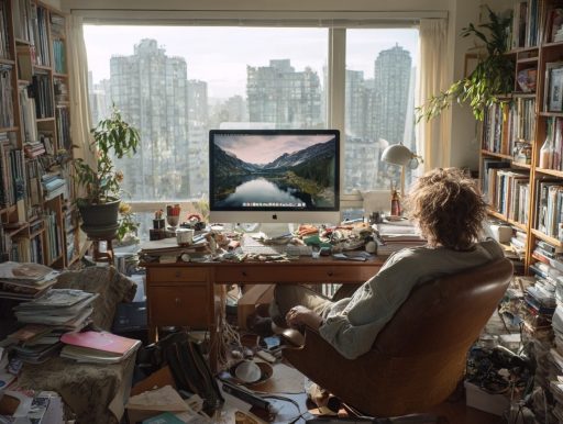 Pièce en désordre avec ordinateur, vue sur la ville.