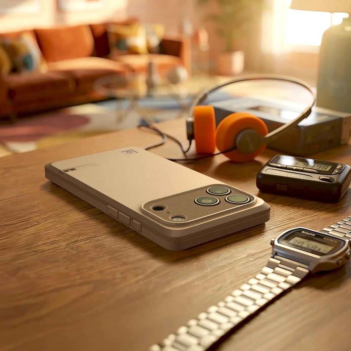 Téléphone ancien, casque et montres sur table.