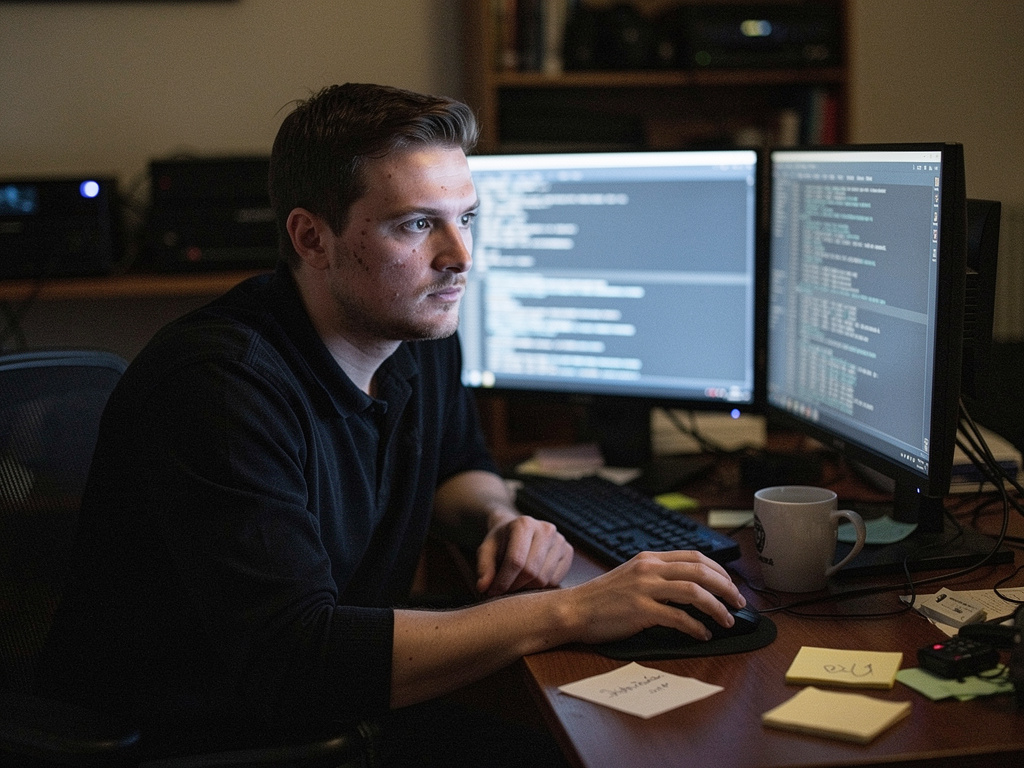 Homme travaillant sur deux écrans d'ordinateur