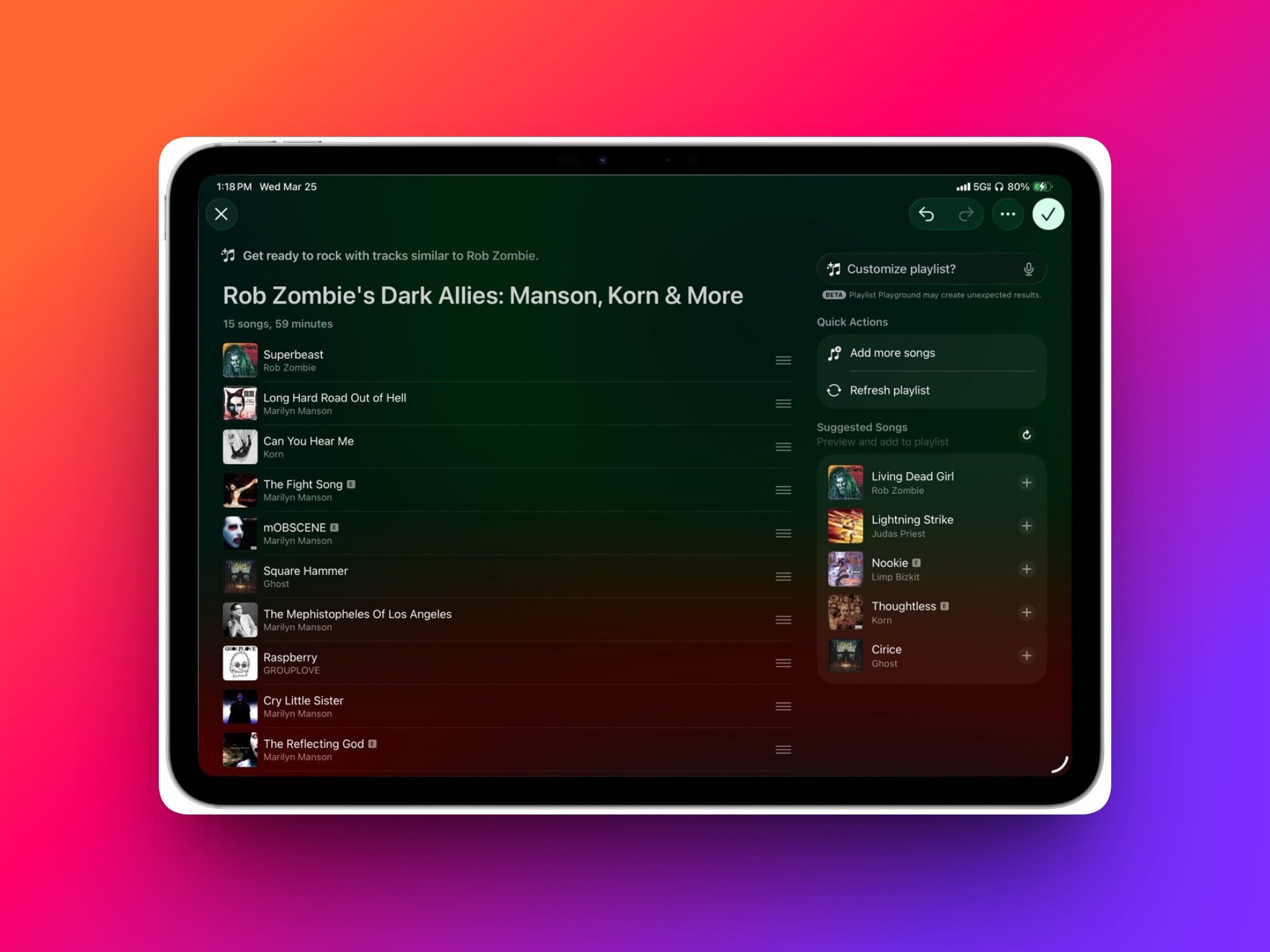 Playlist de musique rock sur une tablette
