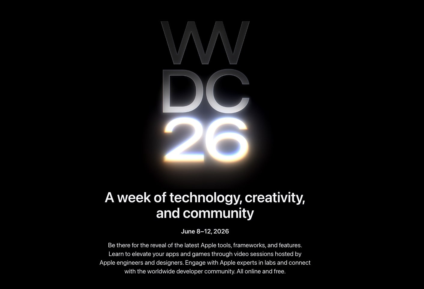 Annonce WWDC 2026 sur fond noir