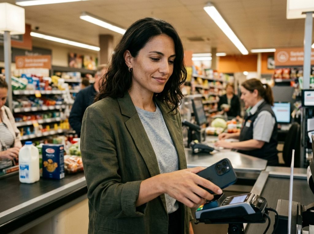 Paiement sans contact avec iPhone Apple Pay à la caisse d'un supermarché