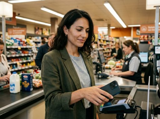 Paiement sans contact avec iPhone Apple Pay à la caisse d'un supermarché