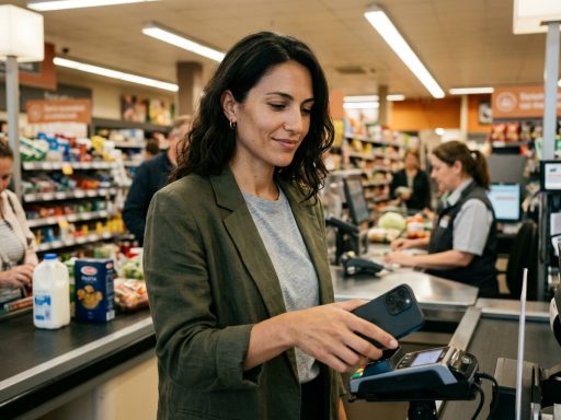 Paiement sans contact avec iPhone Apple Pay à la caisse d'un supermarché