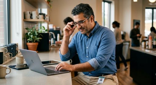 Homme configurant les extensions Spotlight sur un MacBook dans un espace de co-working