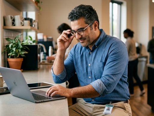 Homme configurant les extensions Spotlight sur un MacBook dans un espace de co-working