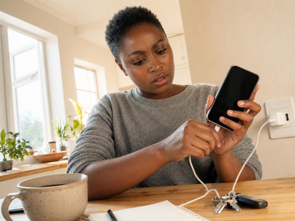 Femme branchant son smartphone pour le recharger
