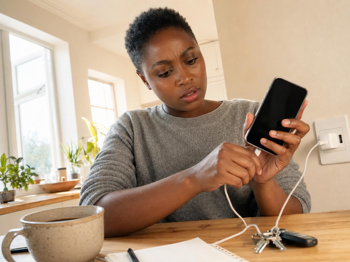 Femme branchant son smartphone pour le recharger