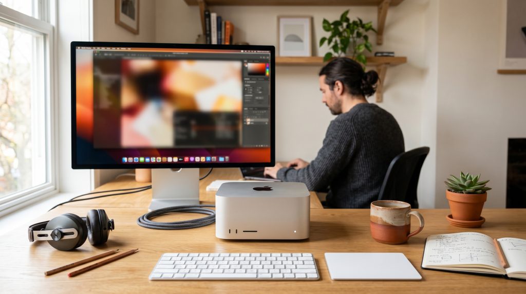 Apple Mac Studio M5 posé sur un bureau créatif avec Studio Display