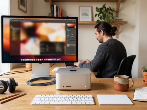 Apple Mac Studio M5 posé sur un bureau créatif avec Studio Display