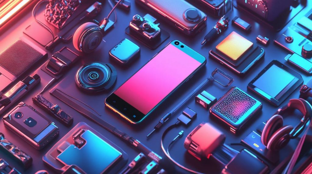 Smartphone entouré de gadgets technologiques néon