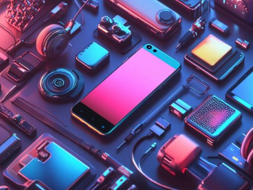 Smartphone entouré de gadgets technologiques néon