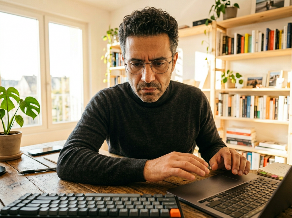 Homme concentré travaillant sur ordinateur portable à domicile