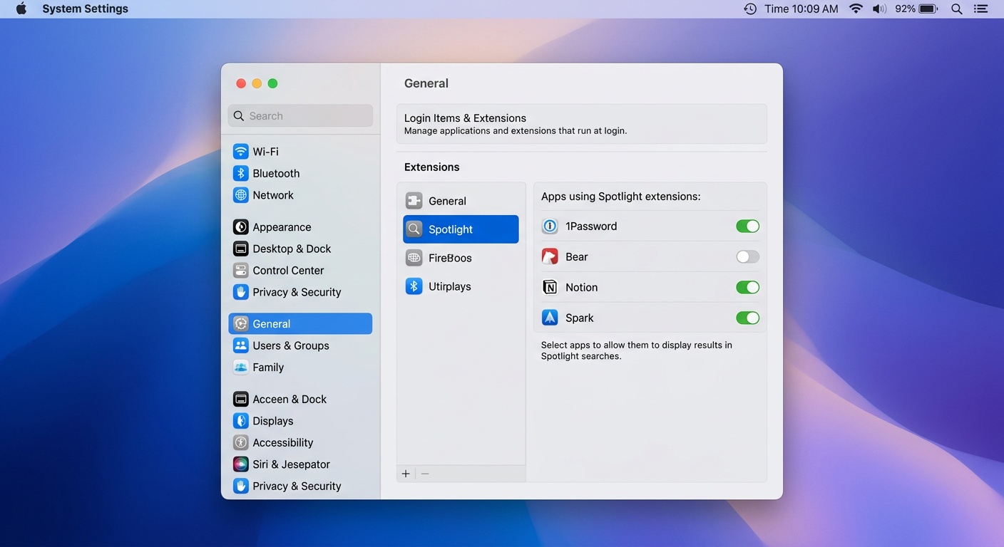 Panneau Réglages système macOS montrant les extensions Spotlight avec des toggles pour 1Password, Bear, Notion et Spark