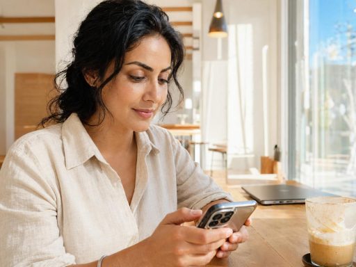 Femme utilisant son smartphone dans un café lumineux