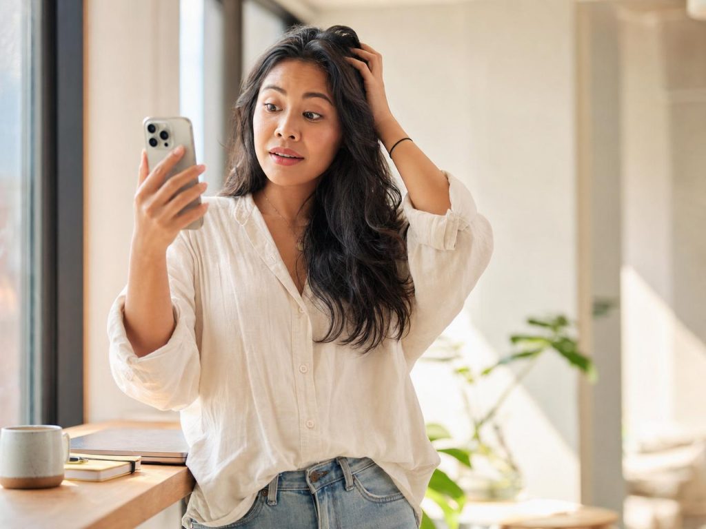 Femme surprise regardant son smartphone chez elle