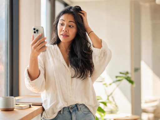 Femme surprise regardant son smartphone chez elle