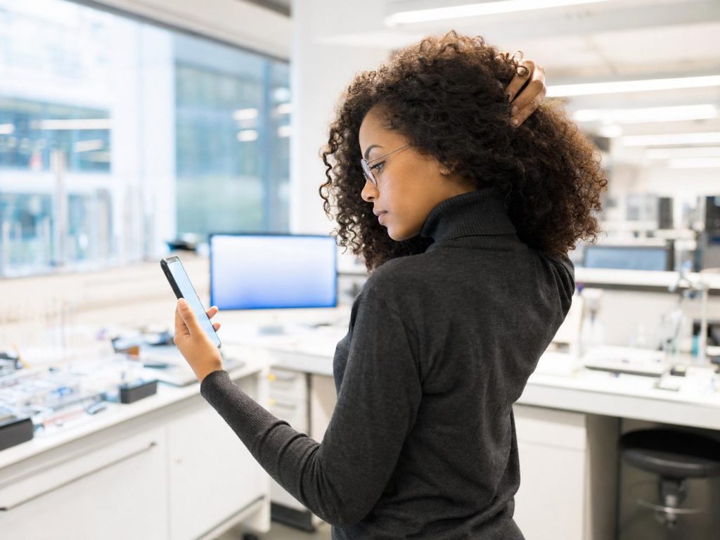 Femme consultant son smartphone dans un laboratoire moderne