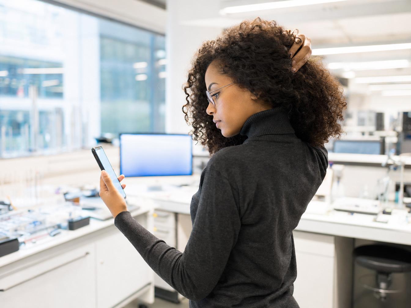 Femme consultant son smartphone dans un laboratoire moderne