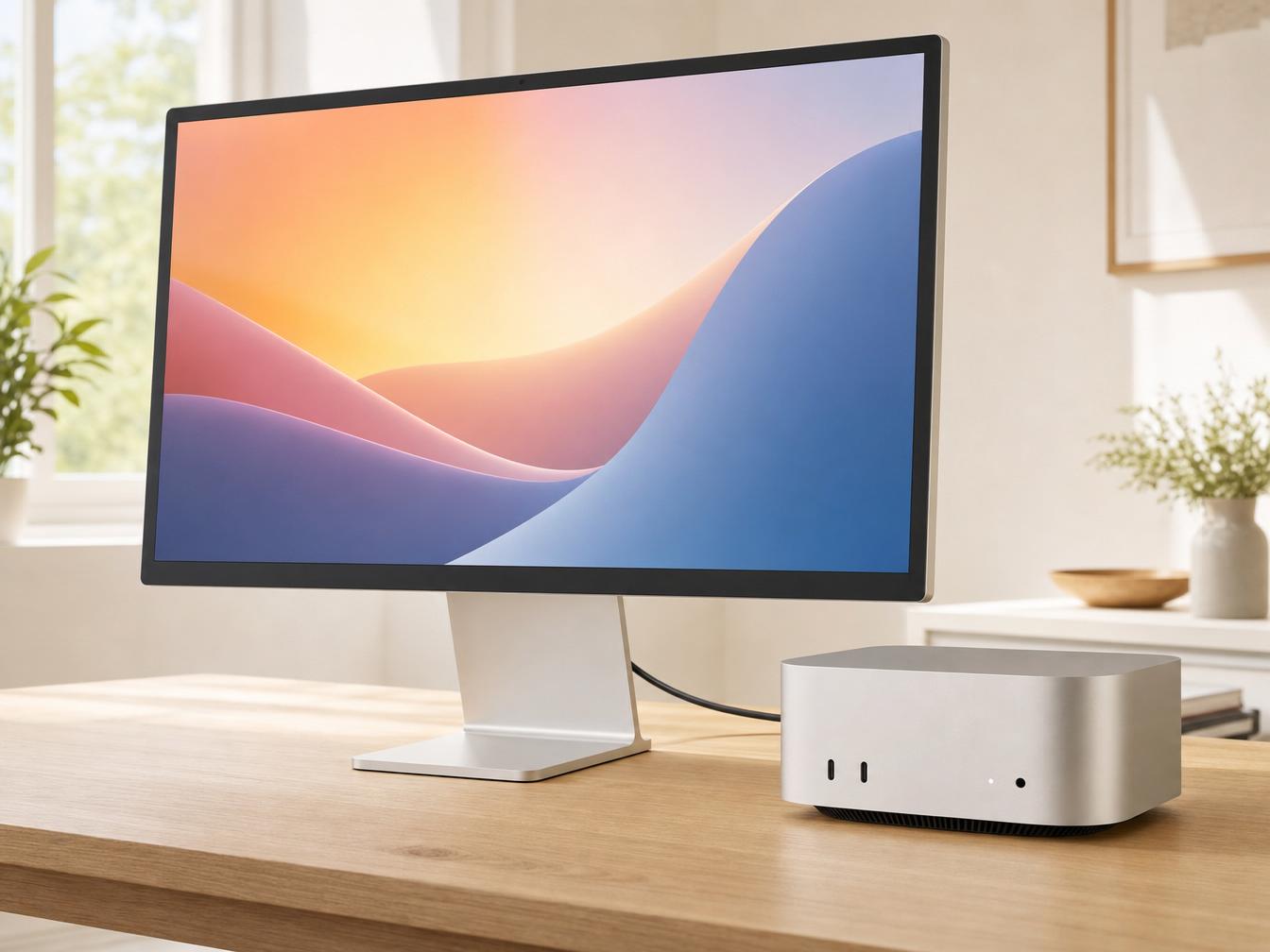 Mac mini M4 et Apple Studio Display sur un bureau en bois clair