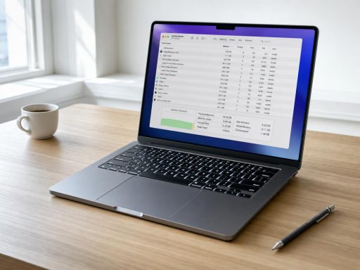 MacBook ouvert sur un bureau épuré avec Activity Monitor visible à l'écran
