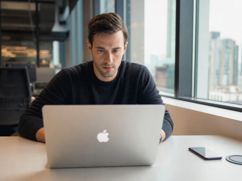 Homme travaillant sur ordinateur portable au bureau moderne