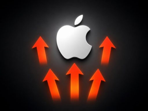 Logo Apple sur fond sombre avec flèches rouges pointant vers le haut, symbolisant la hausse des prix
