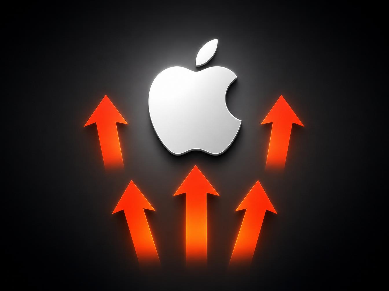Logo Apple sur fond sombre avec flèches rouges pointant vers le haut, symbolisant la hausse des prix