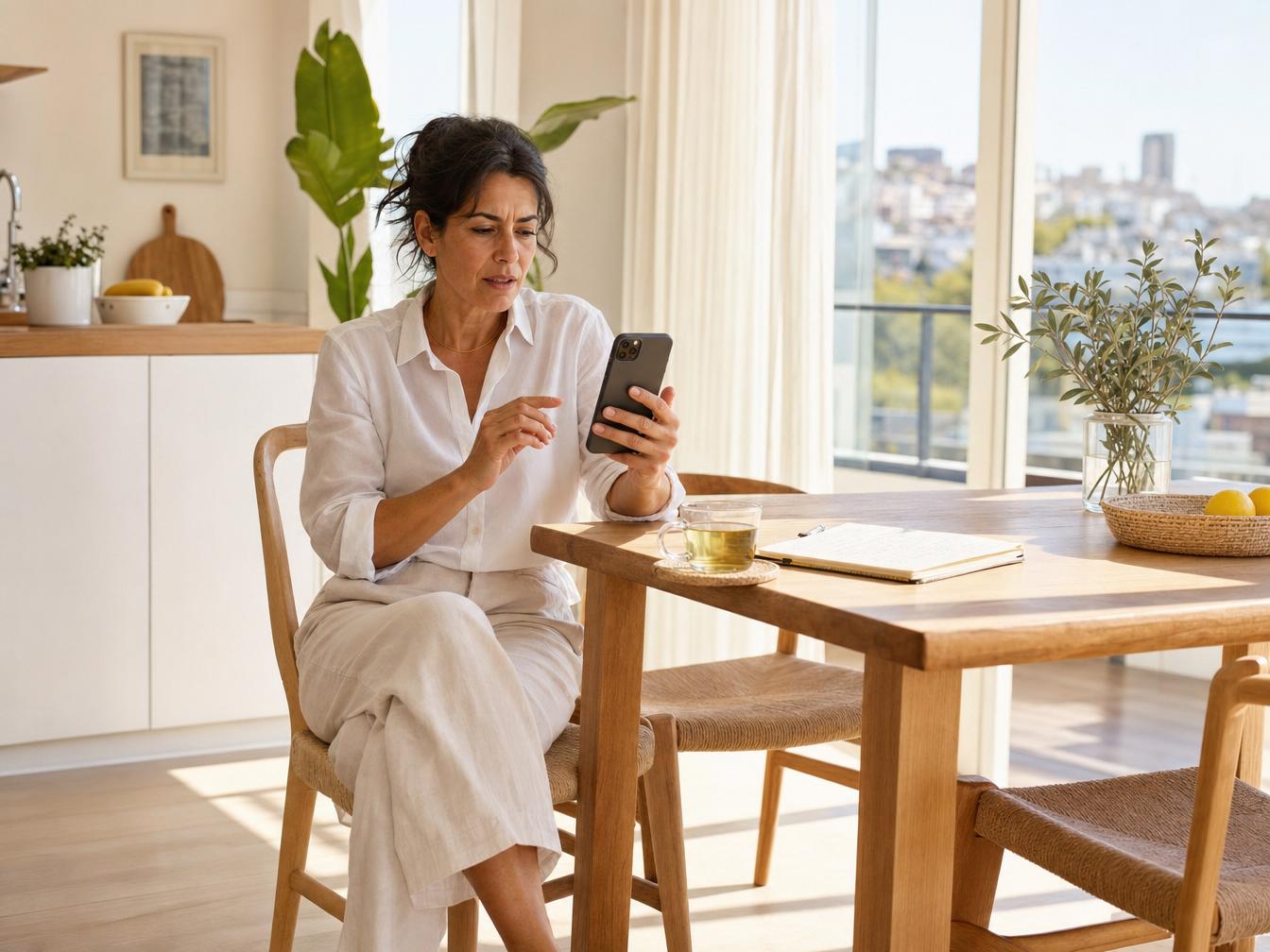 Femme dans la quarantaine consultant l'app Santé sur iPhone, lumière naturelle du matin